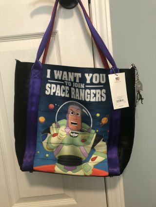 Nwt Harveys Seatbelt Bag Disney Poster Tote Toy Story Woody And Buzz W Charms