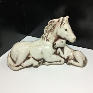 Vintage Ceramic Glazed Horse Figurine A Mare And Her Colt No Markings Ivory