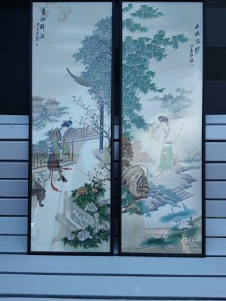 Antique Oriental Machine Woven Panels Courtesans In Gardens With Hand Painted