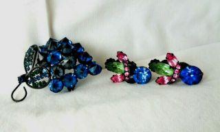 Vtg Schreiner Inverted Rhinestone Japanned Blue Grape Cluster Brooch,  Earrings