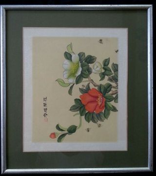Vintage Japanese Painting On Silk " Flowers & Bees " Artist Signed,  17.  75 Inches