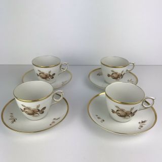 Set/4 Royal Copenhagen Porcelain Coffee Cup And Saucer,  Brown Rose,  Vintage