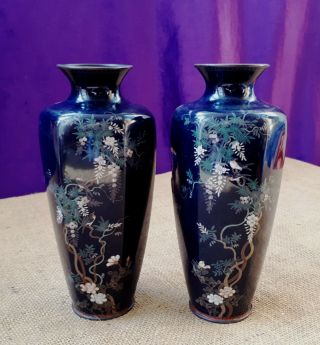 Pair 19c Meiji Period Japanese Cloisonne Black Enamel Vases.  1 Sashiko.  Love