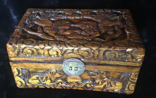 Antique Chinese Carved Huanghuali Wood Jewelry Box,  Foo Dogs,  Bat,  Flowers