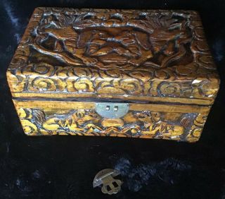 Antique Chinese Carved Huanghuali Wood Jewelry Box,  Foo Dogs,  Bat,  Flowers 2