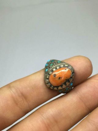Natural Antique Coral Ring Sterling Silver Size 10us Vintage Art Gemstone
