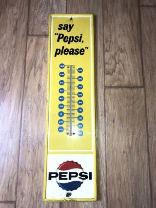 Vintage 1960s Pepsi Thermometer Say Pepsi Please Yellow Bottle Cap Logo 28”