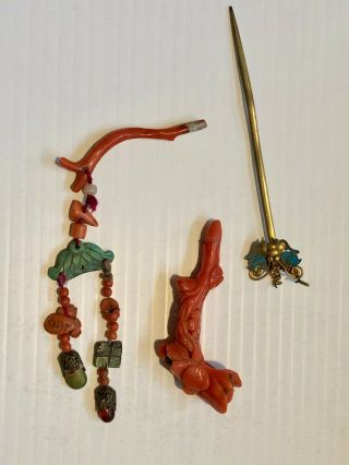 Antique Chinese Qing Dynasty 19th Century Hair Pin Ornaments Kingfisher & Carved