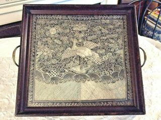 Antique Chinese Embroidery Textile Phoenix Bird Crane Tray Silk