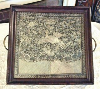 Antique Chinese Embroidery Textile Phoenix Bird Crane Tray Silk 2