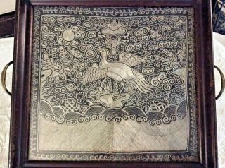 Antique Chinese Embroidery Textile Phoenix Bird Crane Tray Silk 3