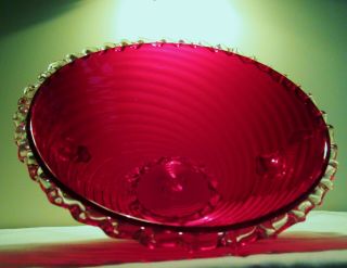 Large Vintage 1950s Red Optic Murano Glass Bowl W.  Gold Inclusions