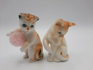 Vintage Set Of 2 Bone China Cat Figurines Orange Black Stripes Pom Pom