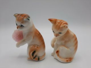 Vintage Set of 2 Bone China Cat Figurines Orange Black Stripes Pom Pom 2