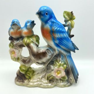 Vintage Blue Bird Figurine Family Tree Branch Flower Statue Japan Mid Century