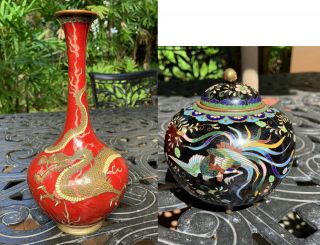 Two Fine Meiji Japanese Cloisonne Vases,  1 Covered Jar,  1 Dragon Vase.  Ginbari