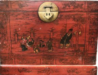 Antique Chinese Red Lacquer Wood Trunk Gold Figural Scenes With Lock 32 Inches