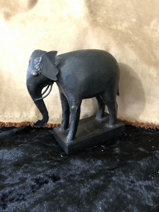 Vintage Wooden Black Elephant 5 " On Stand With Metal Ears And Tusks - Unique