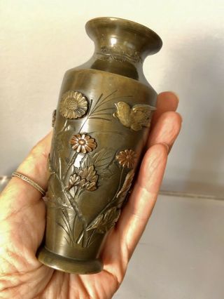 Antique Japanese Bronze Mixed Metal Vase Meiji Period Raises Birds Flowers 5”