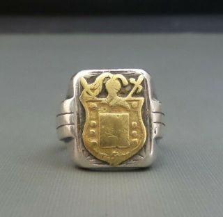 Vintage Mexican Sterling Silver Gold Knight Crest Biker Ring Sz 12