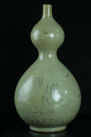Aug047 Korean Goryeo Celadon Porcelain Gourd Inlaid Bottle Crane Cloud B6
