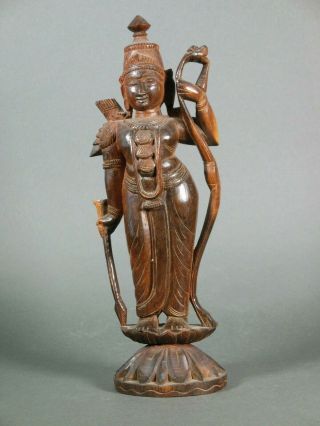Rama Holding Bow Hand Carved Antique Wood Indian Hindu God 13 1/2 Inches