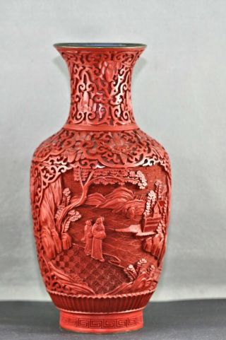Very Fine Vintage Chinese High Relief Carved Cinnabar & Enamel Vase Circa 1900s