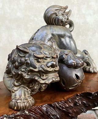 20th C Bizen Ware Shi - Shi Temple Guardian Lion Fu Dog Ceramic Japan Antique