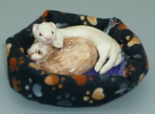 Ferret Weasel Clay Figure White Cinnamon Cookie Bed Handcrafted Artist E.  M.