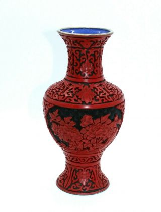 Chinese Vintage Carved Red On Black Cinnabar Lacquer And Blue Enamel Vase 9.  25 " H