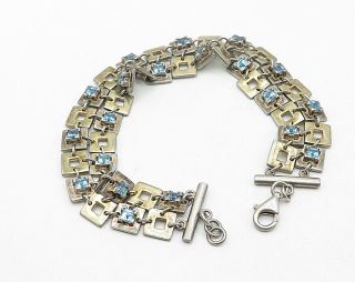 925 Sterling Silver - Vintage Blue Topaz Square Linked Chain Bracelet - B3949 2