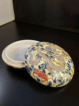 Chinese Antique 19th Century Dragon Yellow Porcelain Small Circular Box