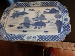 Chinese Export Blue & White Canton Porcelain 10 3/4 " X 7 1/4” Rectangle Plate