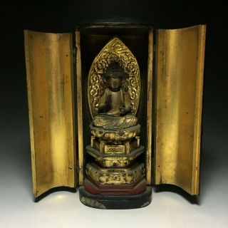 Old Japanese Japan,  Buddhism Buddha Statue Kannon,  Bodhisattva Zushi Box 21cm　徳