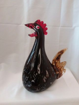 Colorful Hand Blown Art Glass Rooster - Swirls Of Black And Brown Unique Piece