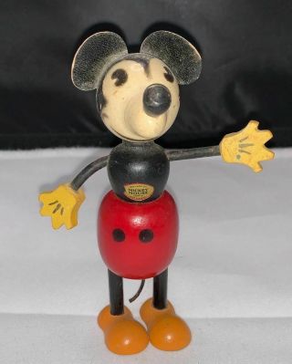 1930s 4 " Tall " Mickey Mouse " Wood Disney Enterprises George Borgfeldt Figurine