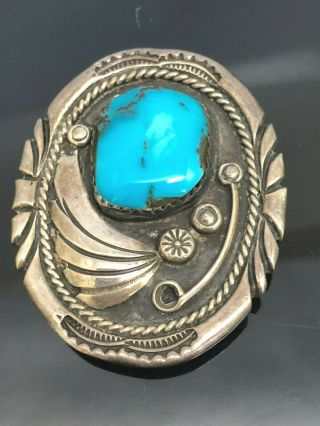 Vintage Bennett Native American Sterling Silver Textured Turquoise Bolo Tie