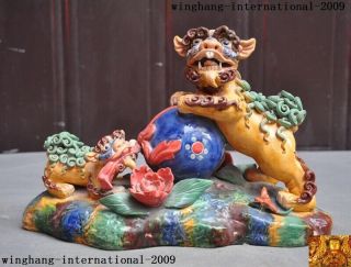 Chinese Pottery Wucai Porcelain Feng Shui Flower Evil Door Guard Fu Foo Dog Lion