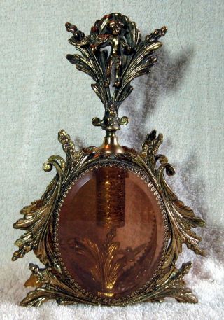 Large Vintage Ornate Ormolu Gold Filigree Amber Glass Perfume Bottle
