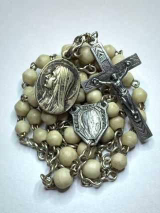 † Vintage Signed Lourdes Medal & Cream Bicone Art Glass Small Rosary 23 1/4 " †