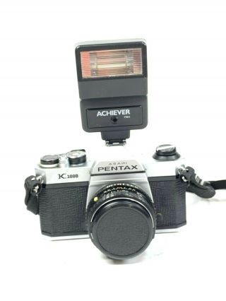 Vintage Asahi Pentax K1000 Camera W/50 Mm Lens Kit & Achiever 115a Flash & Strap