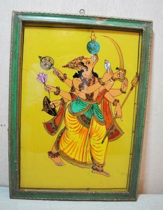 Vintage Water Color Glass Painting Hindu God Vishnu Avatar With Frame
