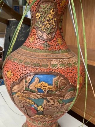 Antique Tall,  Large Hand Painted Oriental Scene Floor Vase