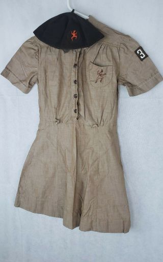Vintage Brownie Girl Scout Dress Uniform Size 12 Beanie Cap 1960 