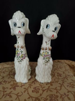 Vintage Pair White Porcelain Poodle Figurines Japan Floral Accents Numbered