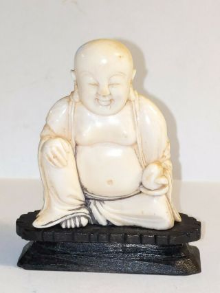 Antique Hand - Carved Happy " Buddha " On Wood Base Figure Statue