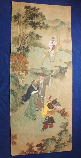 Antique Chinese Watercolour Painting,  Man Riding Stag,  Wise Men,  Lady (36)