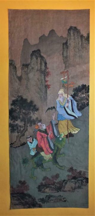 Antique Chinese Watercolour Painting,  2 Wise Men & Child With Dragon & Bat (18)
