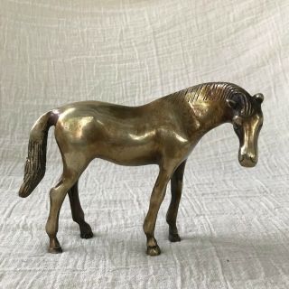Graceful Pastoral Pose Vintage Brass Horse Statue,  Patina