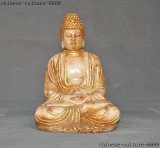 China Old Jade Gilt Carved Shakyamuni Sakyamuni Amitabha Tathagata Buddha Statue